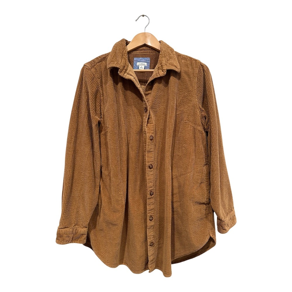 LL Bean Womens Large Corduroy Shirt Jacket Brown Button Front Pockets 516062
